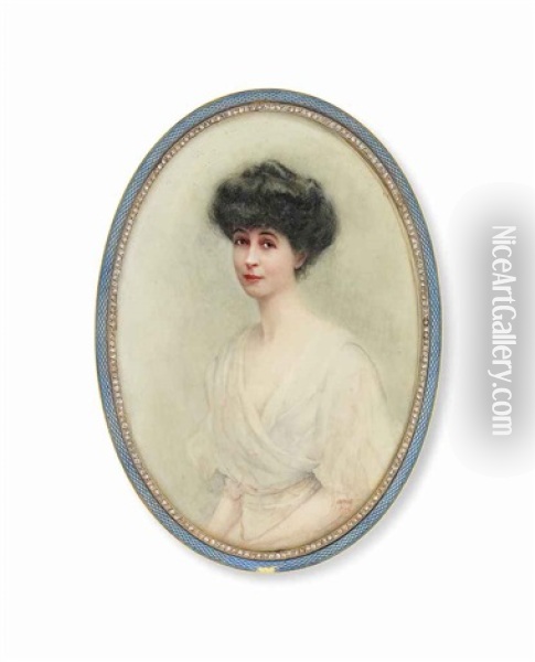 A Lady Of The Londonderry Family, In White Dress With Loose Elbow-length Sleeves, Her Dark Hair Piled On Her Head Oil Painting - Joseph Otis Minott