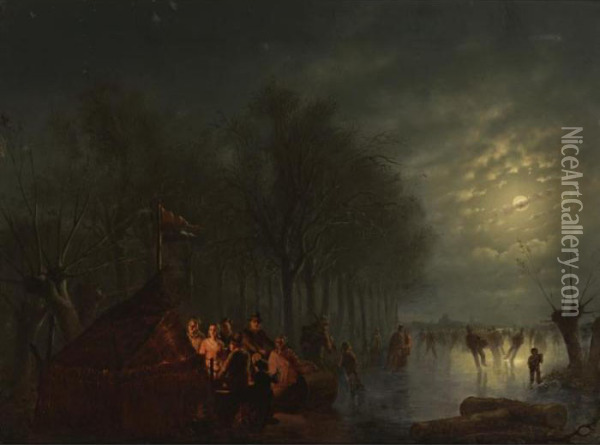 Skaters Near A 'koek En Zopie' In A Moonlit Landscape Oil Painting - Petrus van Schendel