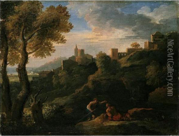 A Classical Landscape With Figures In The Foreground, A Walled Town Beyond Oil Painting - Jan Frans Van Bloemen (Orizzonte)