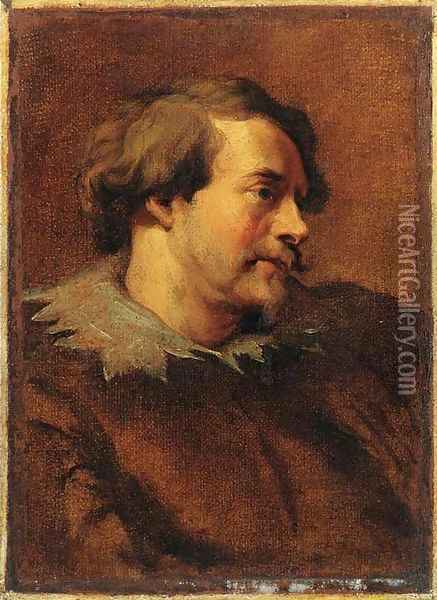Portrait of Hubert van den Eynden, small bust length in a brown coat and linen collar Oil Painting - Sir Anthony Van Dyck