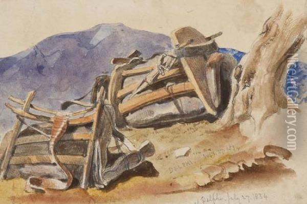Delphi, A Study Of Two Saddles Resting Under A Tree Oil Painting - Thomas Hartley Cromek
