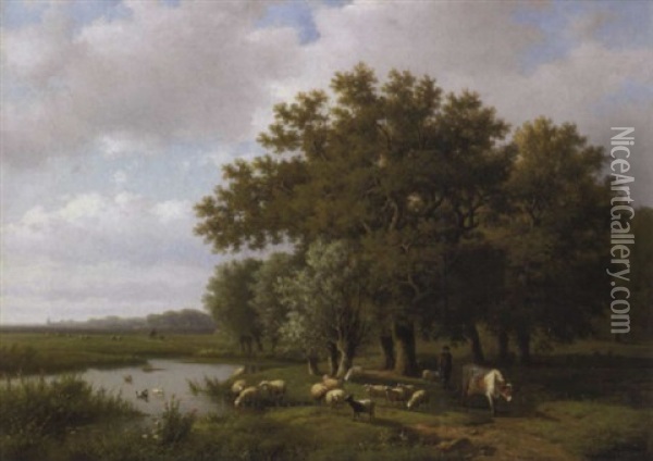 Berger Et Son Troupeau Au Bord De L'etang Oil Painting - Alexander Joseph Daiwaille