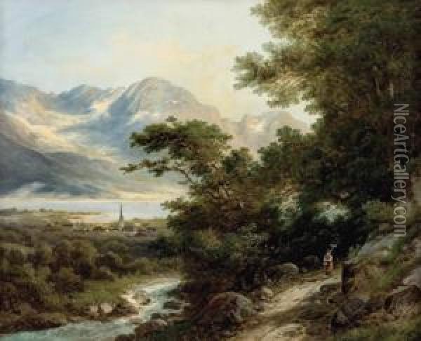 Waldweg Mit Blick Auf Dorf Und Seelandschaft Oil Painting - Eduard Boehm