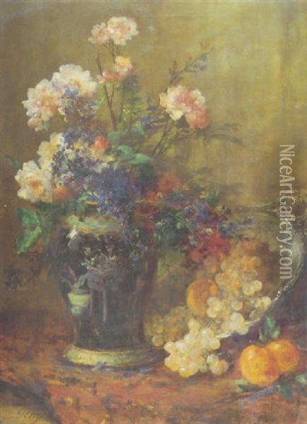Rosiers, Fruits Et Piece D'orfeverie Oil Painting - Eugene Petit