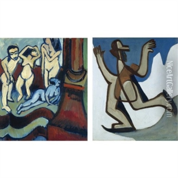 Vier Holzplastiken - Four Wood Sculptures (+ Schlittschuhlaufer - Ice Skater, Verso) Oil Painting - Ernst Ludwig Kirchner