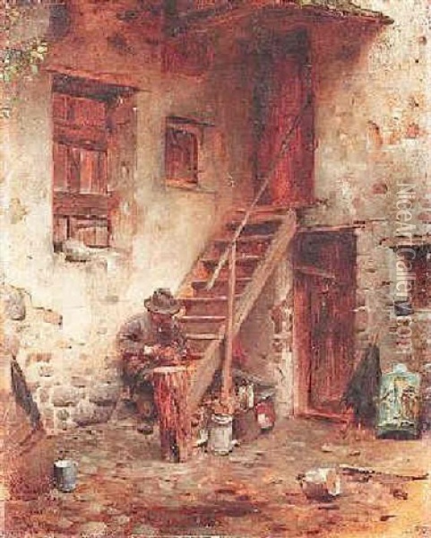 In Einem Tiroler Hinterhof Bei Eppan. Alter Bauer Beim Schnitzen Oil Painting - Hermann Kaulbach