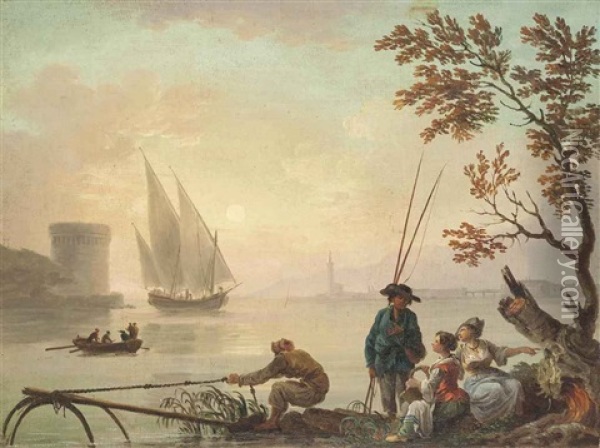 A Mediterranean Coastal Landscape At Sunset, With Fishermen And Women Conversing In The Foreground Oil Painting - Charles Francois Lacroix