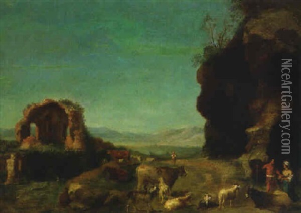 An Italianate Landscape With Shepherds Tending Cattle And Goats, A Ruin Beyond Oil Painting - Bartholomeus Breenbergh