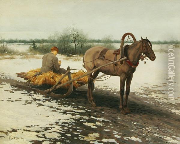 Man Resting On A Horse Drawn Haysled Oil Painting - Vladimir Donatovich Orlovskii
