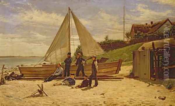 Fisherfolk by a beached sailing vessel Oil Painting - Frederick Christian Lund