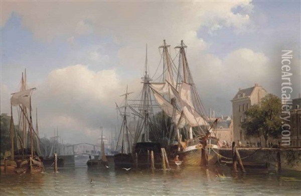 Rotterdam With A View Of The Leuvehaven With The Steigerse Kerk In The Distance Oil Painting - Frans Arnold Breuhaus de Groot