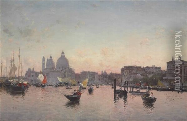 A View Of The Lagoon With Santa Maria Della Salute At Sunset Oil Painting - Martin Rico y Ortega