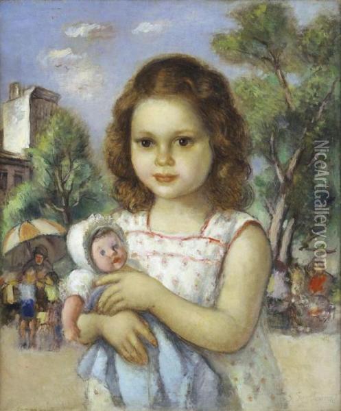 Young Girl With Doll Oil Painting - Simkha Simkhovitch