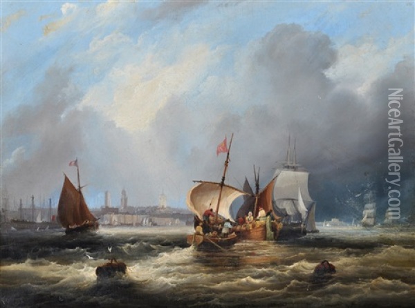 French Trading Boats At The Entrance To A Harbour Oil Painting - Frederick Calvert