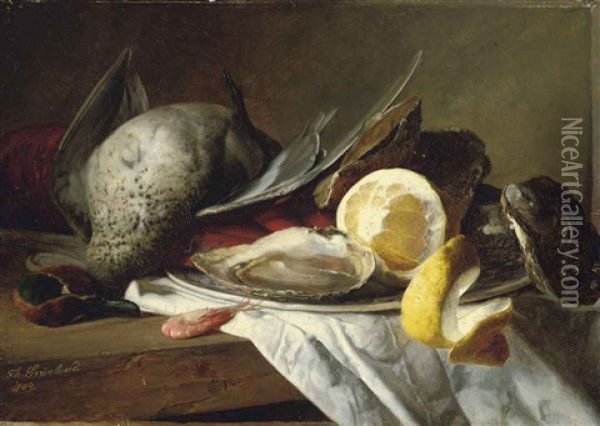 Still Life Of A Duck, A Shrimp And A Plate Of Oysters Oil Painting - Theude Groenland