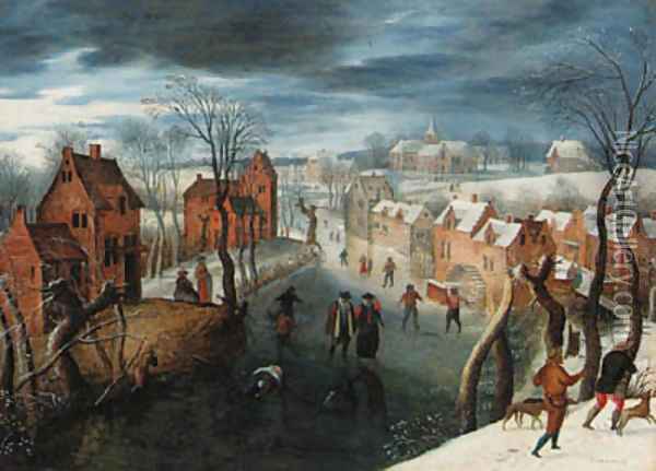 A landscape with skaters on a frozen river by a village, hunters in the foreground Oil Painting - School Of Antwerp