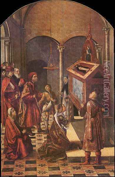 The Tomb of Saint Peter Martyr c. 1495 Oil Painting - Pedro Berruguette