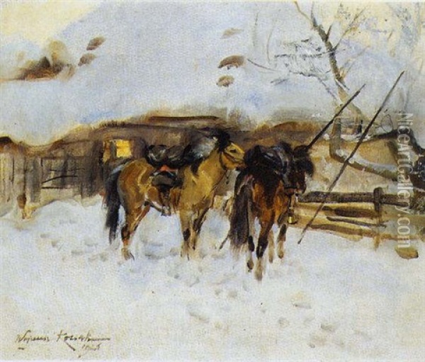 Two Horses In The Snow Oil Painting - Woiciech (Aldabert) Ritter von Kossak
