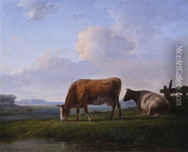 Weidendes Vieh In Polderlandschaft Oil Painting - Reinier van Harderwijk