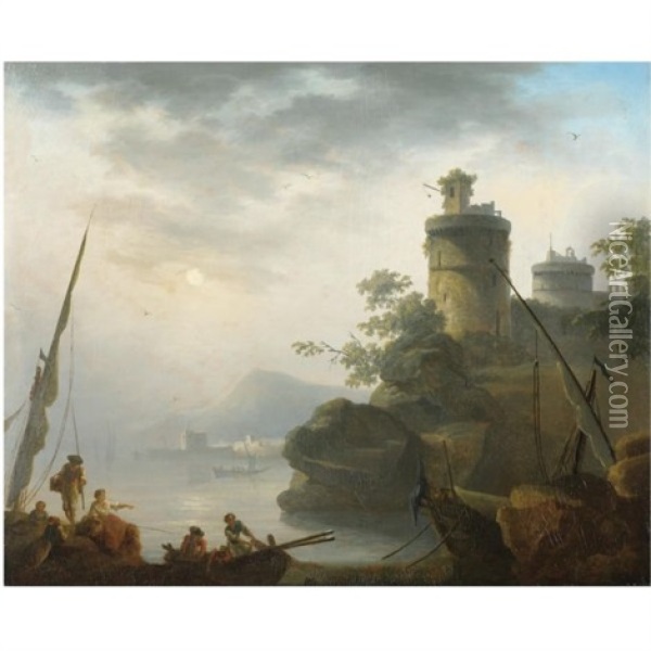 A Mediterranean Harbour Scene With Fishermen Unloading Their Catch Oil Painting - Charles Francois Lacroix