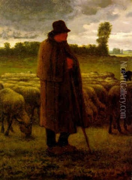 Un Berger Et Son Troupeau Sur La Plaine Pres De Barbizon (shepherd And Sheep On The Plain Near Barbizon) Oil Painting - Jean-Francois Millet