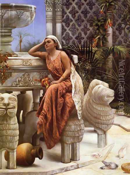 A Restful Moment by the Lion Fountain at the Alhambra, Spain Oil Painting - Margaret Murray Cookesley