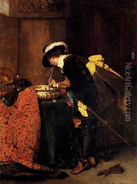 A Cavalier Lighting A Pipe Oil Painting - Ferdinand Victor Leon Roybet