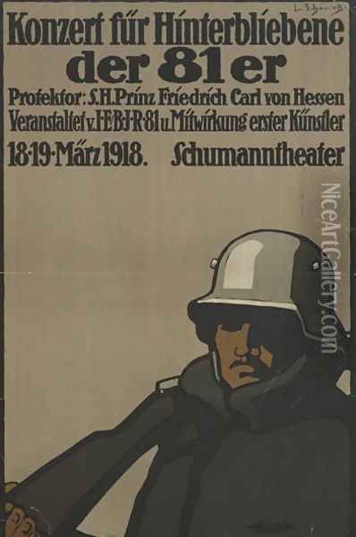 German advertisement for a benefit concert for families of fallen soldiers , printed by Kornsand & Co., Frankfurt, March 1918 Oil Painting - Lina von Schauroth