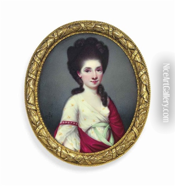A Young Lady, In Sprigged White Dress With Peppermint Green Sash, Red Cloak Draped Over Her Left Shoulder And Fastened By A Pearl-set Armlet On Her Right Arm, Upswept Dark Hair Dressed In Ringlets Oil Painting - Henry Spicer