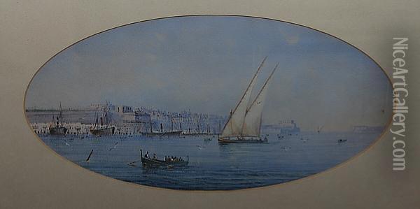 Valetta Harbour, Oval Oil Painting - Vincenzo D Esposito