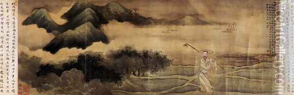 The Poet Wang Shizhen (1634-1711) Carrying a Hoe (He Chu Tu) c.1700-03 Oil Painting - Zhiding Yu