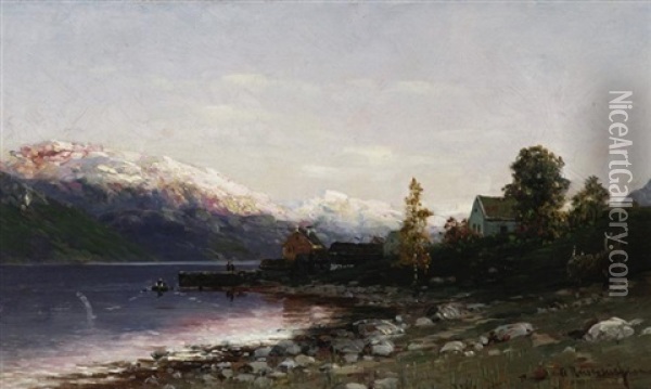 Norwegische Fjordlandschaft (hardangar Fjord?) Oil Painting - Georg Anton Rasmussen
