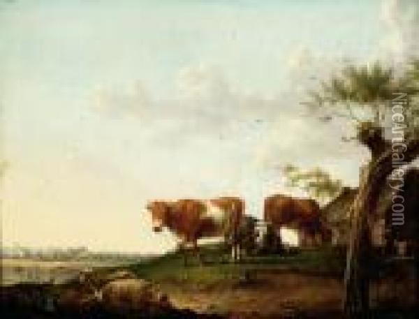 Two Cows, An Ox And Several Sheep By A Farm Oil Painting - Dyonis Van Dongen