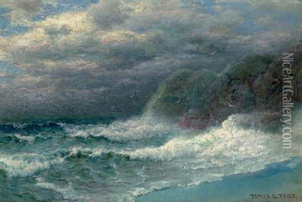 Crashing Waves On A Rocky Coast Oil Painting - James Gale Tyler