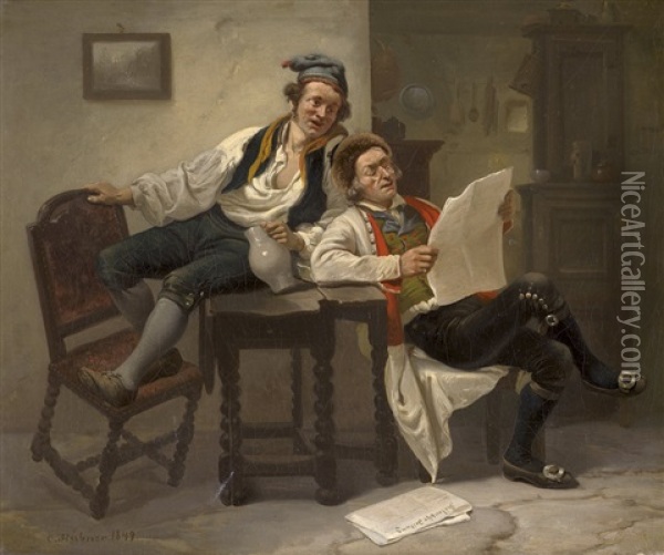 Die Zeitungsleser: Zwei Manner In Schwalmer Tracht Oil Painting - Carl Wilhelm Huebner