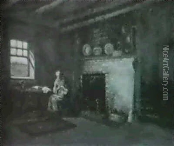 Old Woman Sewing In The Eliot Homestead, Hyde Park Oil Painting - John Joseph Enneking