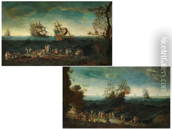 Felsige Kustenlandschaften Mit Bewegter See Und Grosen Segelschiffen, Im Vordergrund Personenstaffage (pair) Oil Painting - Gherardo Poli