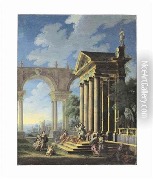 An Allegorical Scene Outside A Temple Facade Oil Painting - Gennaro Greco