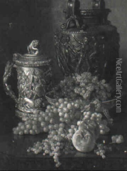 Still Life With Vase, Tankard, Grapes And Currants Oil Painting - Edward Chalmers Leavitt