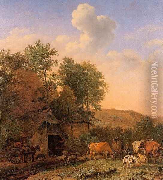 A Landscape with Cows, Sheep, and Horses by a Barn 1651 Oil Painting - Paulus Potter
