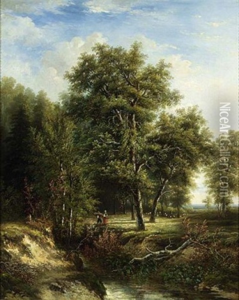 Figures On A Path In A Wooded Landscape Oil Painting - Hermanus Jan Hendrik Rijkelijkhuysen