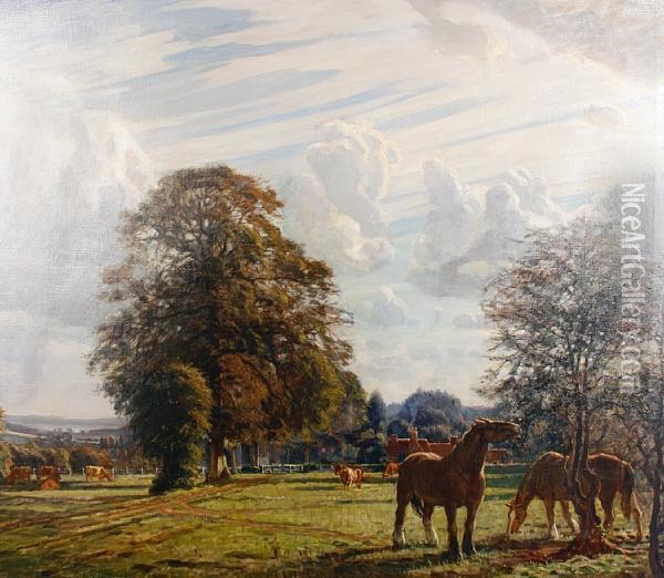 Horses Grazing In A Summer Landscape Oil Painting - Niels Vinding Dorph