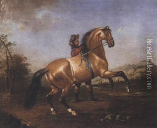 Horse Being Schooled By A Groom Oil Painting - Christian Friedrich Hosenfelder