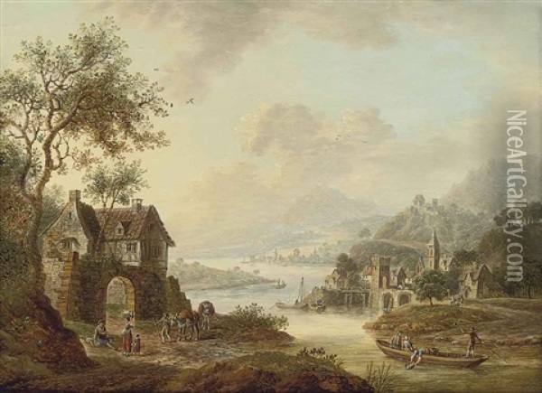An Extensive Rhenish River Landscape With Figures Beside A Ruined Arch, Mountains Beyond Oil Painting - Christian Georg Schuetz the Younger