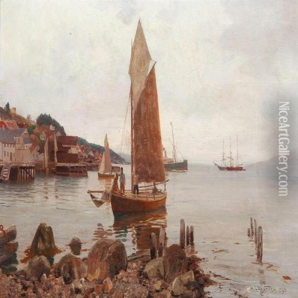 Coastal Scene From A Harbour Village Oil Painting - Niels Hansteen