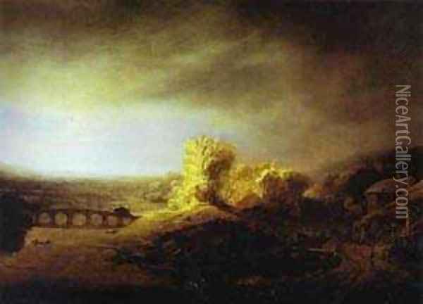 Landscape With A Long Arched Bridge Late 1630s Oil Painting - Harmenszoon van Rijn Rembrandt