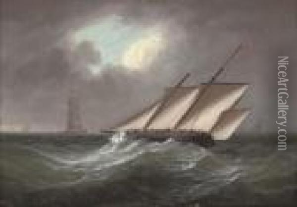 An Armed Lugger Heeling In The Breeze Off The Eddystone Lighthouse Oil Painting - Thomas Buttersworth