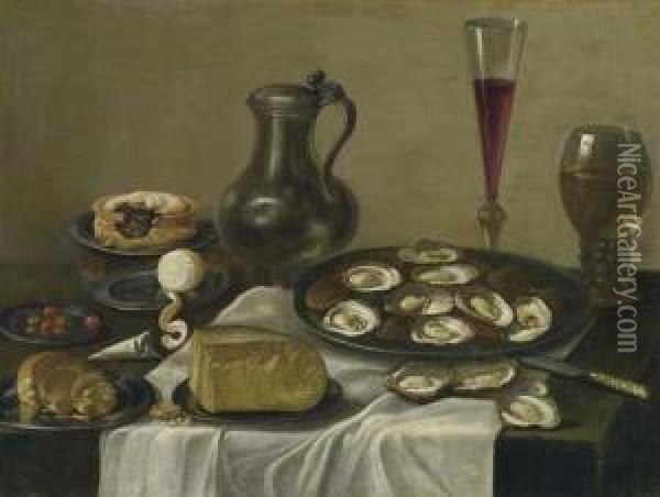 Still Life With Bread, Pie, Jar And Oysters. Oil Painting - Pieter Claesz.