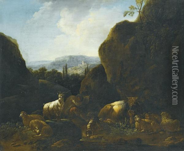 A Landscape With A Flock Of Sheep And Goats Oil Painting - Gaetano De Rosa