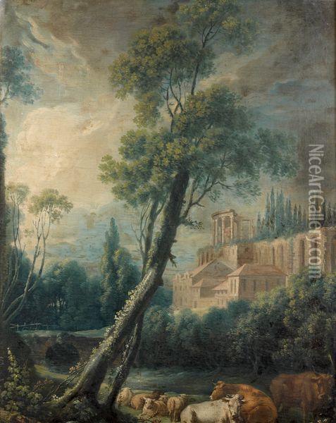 < Temple De Vesta Dominant Une Scene Pastorale >. Oil Painting - Nicolas-Jacques Juliard